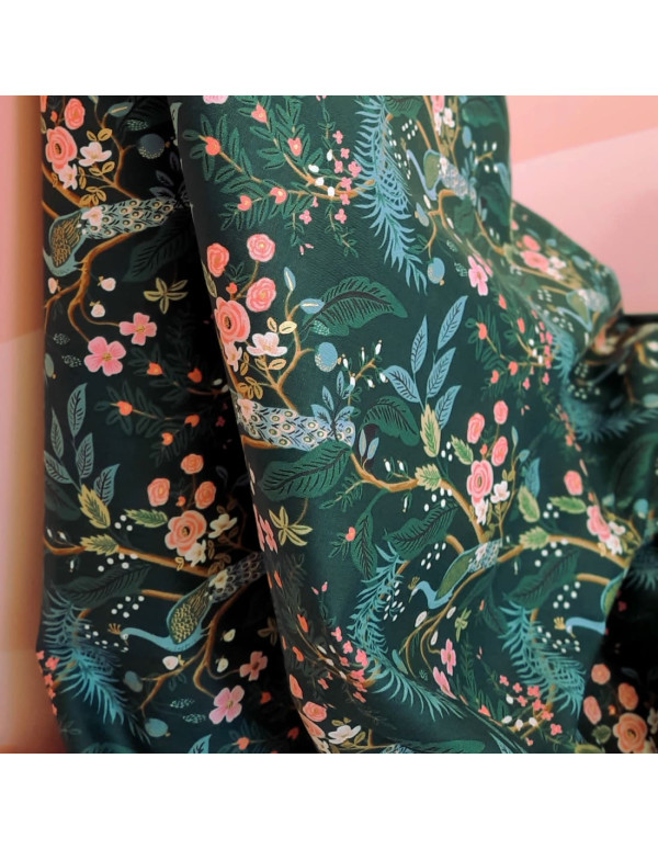 Cranberry, tissu coton Vintage Garden Peacock Hunter dore, fond vert foret green Gold Metallic, Cotton and Steel Rifle paper