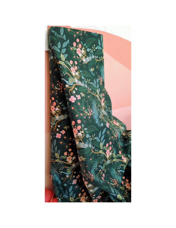 Cranberry, tissu coton Vintage Garden Peacock Hunter dore, fond vert foret green Gold Metallic, Cotton and Steel Rifle paper
