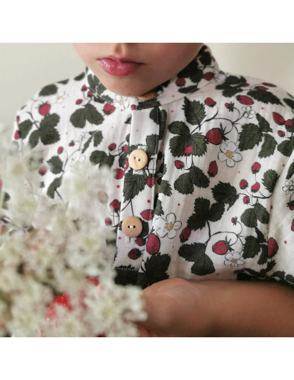 Cranberry Tissu double gaze de coton biologique Les fraises Fond ecru Atelier Rubael