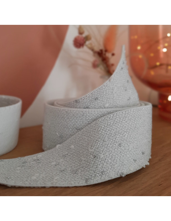 Elastique fantaisie 40mm Cranberry, Blanc mouchete de lurex argente