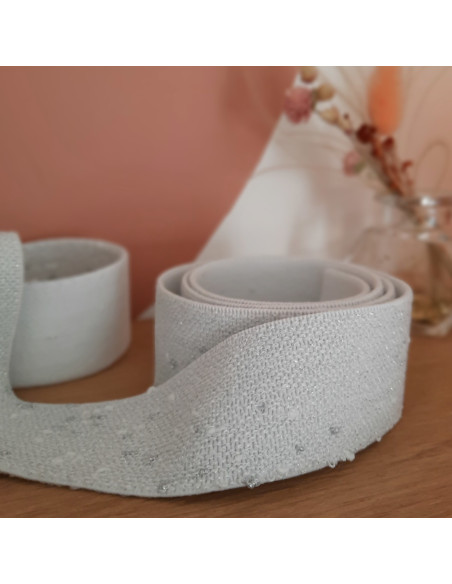 Elastique fantaisie 40mm Cranberry, Blanc mouchete de lurex argente