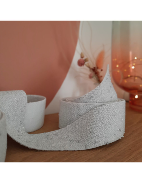 Elastique fantaisie 40mm Cranberry, Blanc mouchete de lurex argente