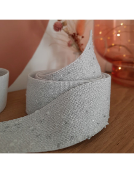 Elastique fantaisie 40mm Cranberry, Blanc mouchete de lurex argente