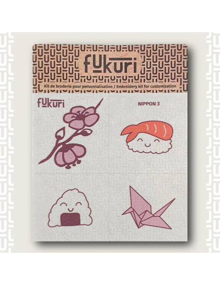 Cranberry, planche a broder Nippon, broderie sakura sushi crevette onigiri et grue origami Fukuri