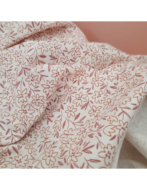 Cranberry, jersey de coton fleuri petites fleurs brique violet fond blanc creme