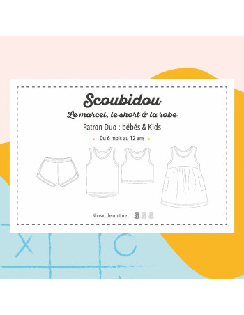 Cranberry, Patron pochette tshirt marcel, short et robe Scoubidou bebe du 6 au 24 mois et enfant du 3 au 12 ans, Marmai