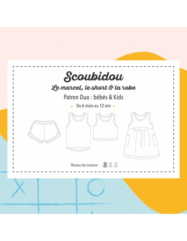Cranberry, Patron pochette tshirt marcel, short et robe Scoubidou bebe du 6 au 24 mois et enfant du 3 au 12 ans, Marmai
