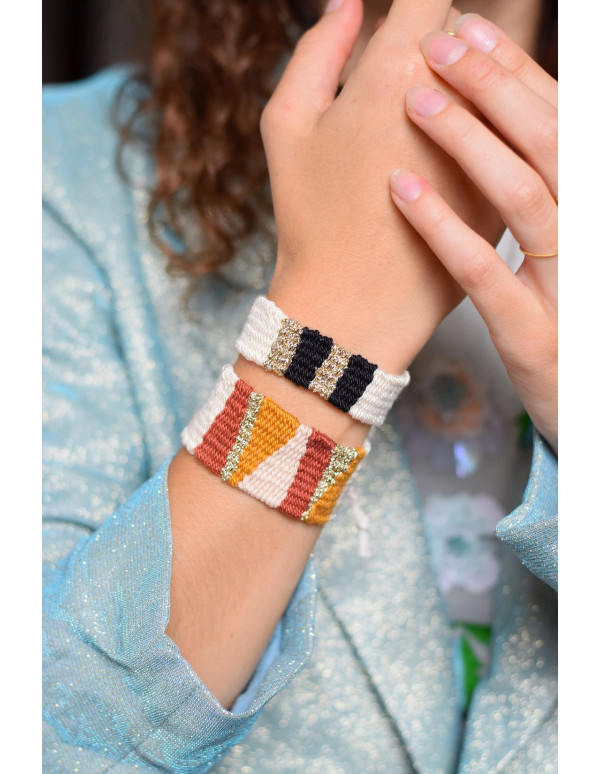 Cranberry, kit tissage tissez-moi mes bracelets scintillants brique jaune et noir, Atelier poetis
