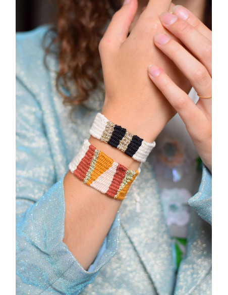 Cranberry, kit tissage tissez-moi mes bracelets scintillants brique jaune et noir, Atelier poetis