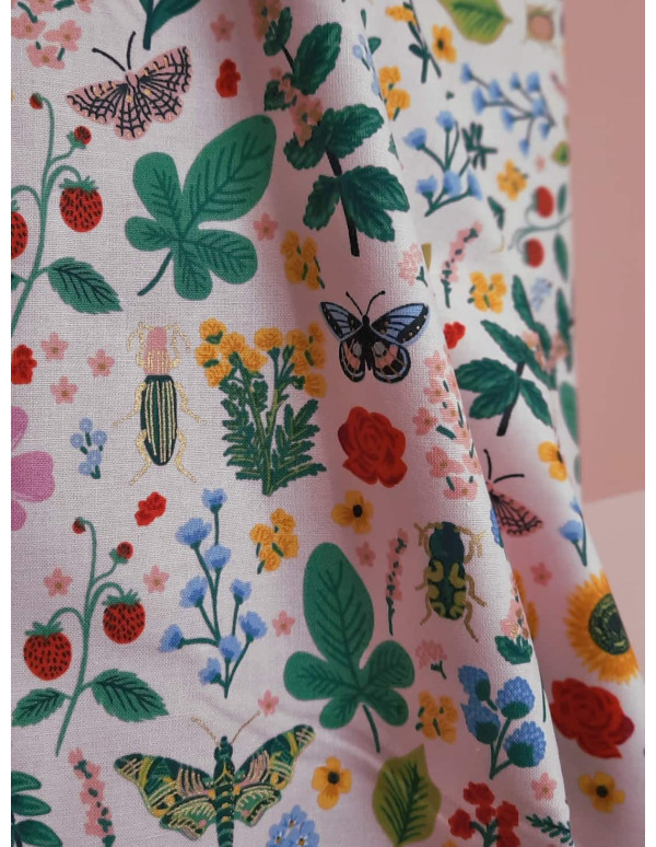Cranberry, tissu patchwork popeline coton curio pink gold metallic rifle paper cotton steel insectes cabinet curiosites