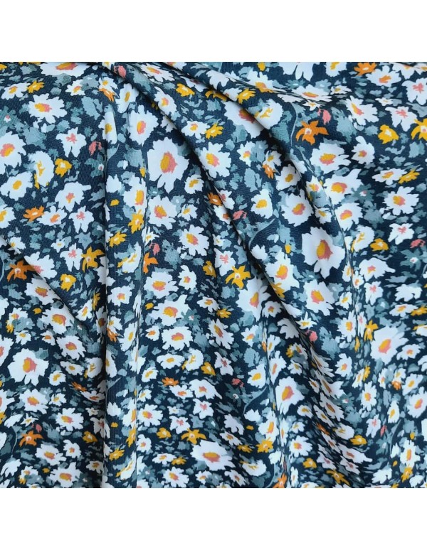 Jersey de coton bio Cranberry, Anémones blanches, Fond bleu sombre