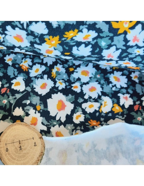 Jersey de coton bio Cranberry, Anémones blanches, Fond bleu sombre