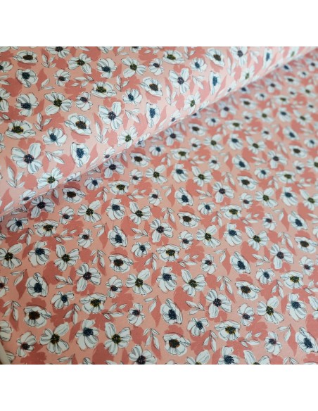 Jersey de coton bio Cranberry, Anémones blanches, Fond rose pivoine