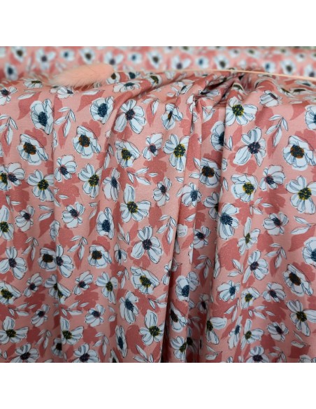 Jersey de coton bio Cranberry, Anémones blanches, Fond rose pivoine