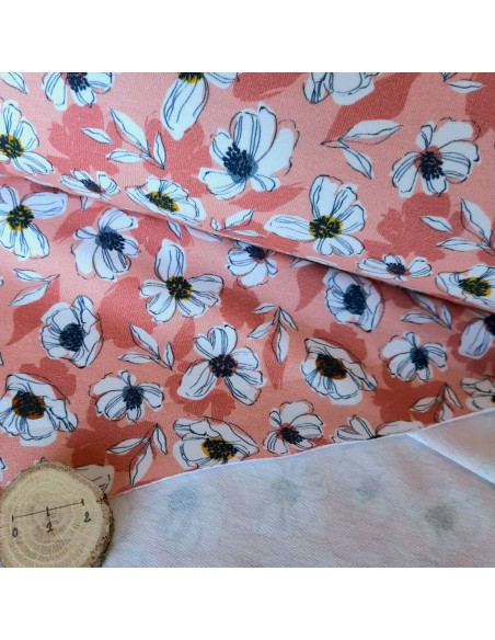 Jersey de coton bio Cranberry, Anémones blanches, Fond rose pivoine