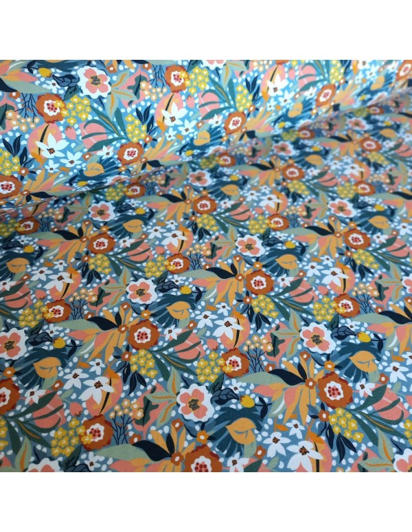 Jersey de coton bio Cranberry, Eden, fleurs sur fond bleu orage