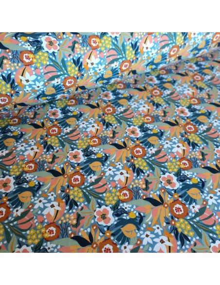 Jersey de coton bio Cranberry, Eden, fleurs sur fond bleu orage