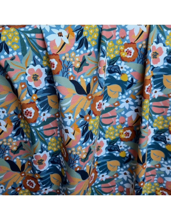 Jersey de coton bio Cranberry, Eden, fleurs sur fond bleu orage