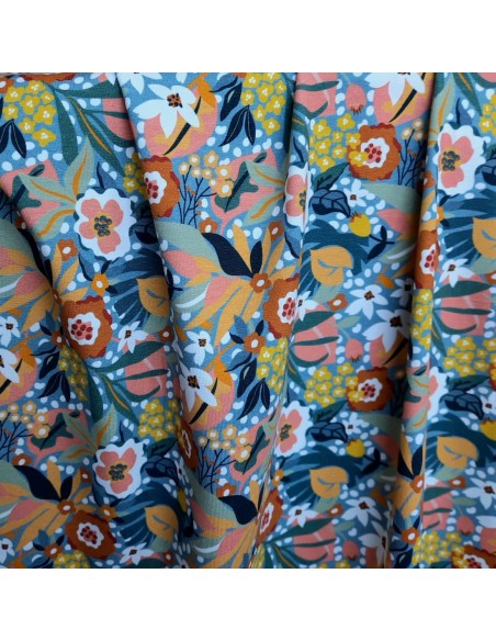 Jersey de coton bio Cranberry, Eden, fleurs sur fond bleu orage