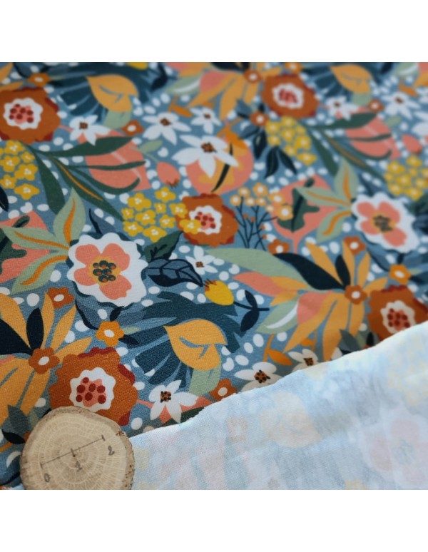 Jersey de coton bio Cranberry, Eden, fleurs sur fond bleu orage