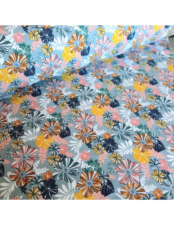 Jersey de coton bio Cranberry, Multi fleurs, sur fond bleu orage