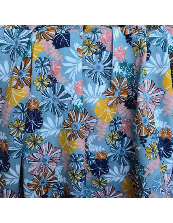Jersey de coton bio Cranberry, Multi fleurs, sur fond bleu orage