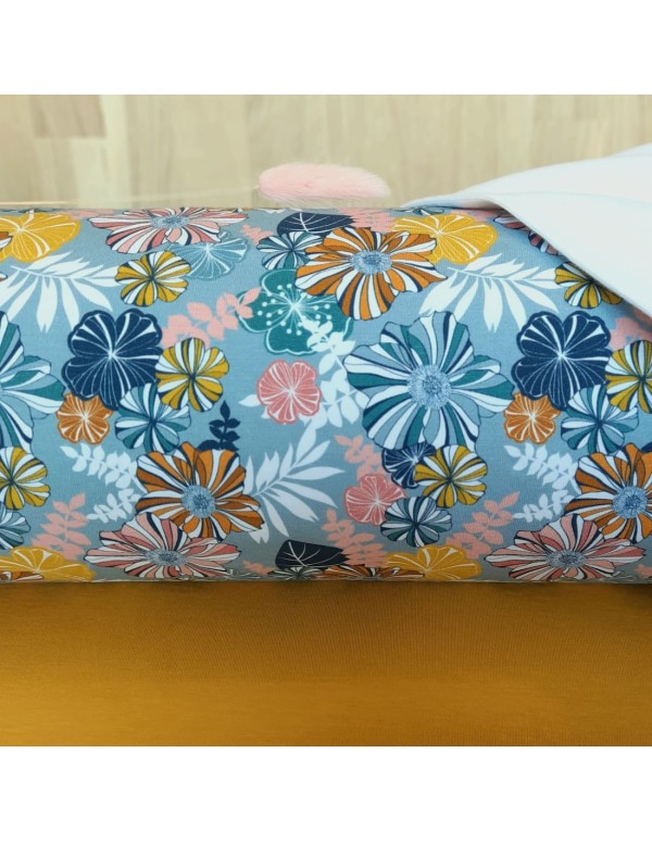 Jersey de coton bio Cranberry, Multi fleurs, sur fond bleu orage