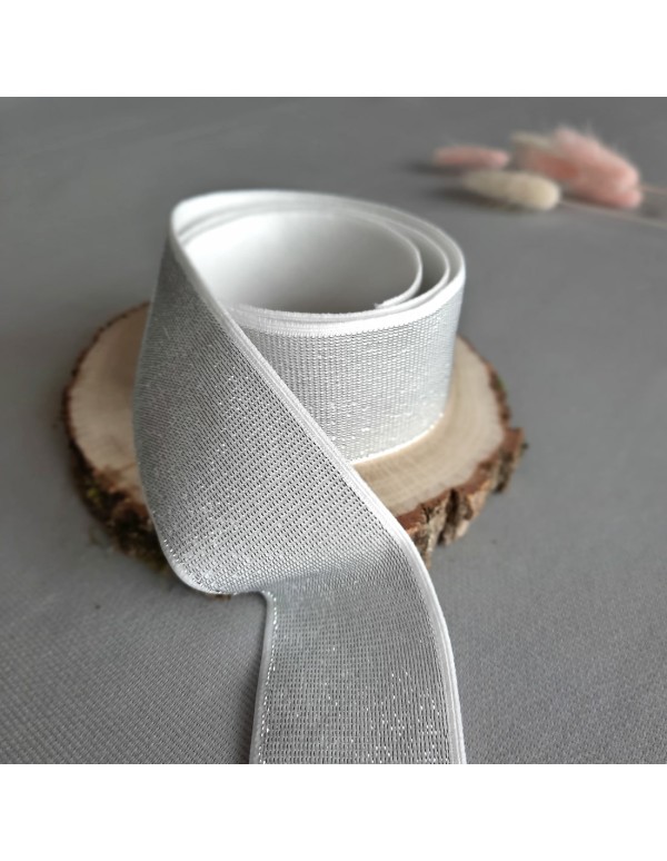 Elastique fantaisie Cranberry, argenté sur fond blanc, doux