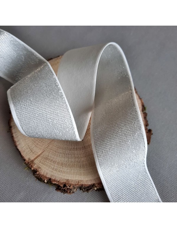 Elastique fantaisie Cranberry, argenté sur fond blanc, doux