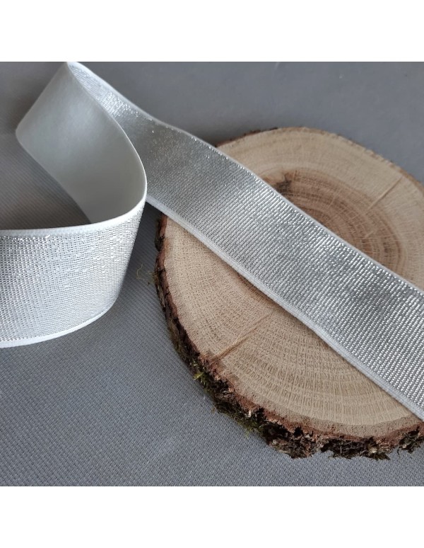 Elastique fantaisie Cranberry, argenté sur fond blanc, doux