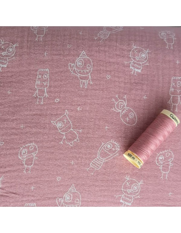 Double gaze de coton Cranberry, petits monstres, rose poudré