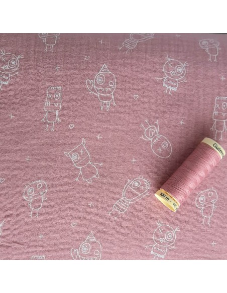 Double gaze de coton Cranberry, petits monstres, rose poudré