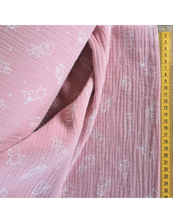 Double gaze de coton Cranberry, petits monstres, rose poudré