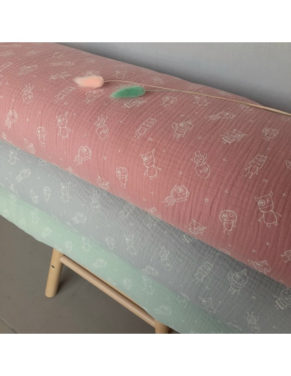 Double gaze de coton Cranberry, petits monstres, rose, vert et gris