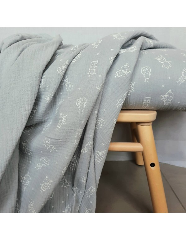 Double gaze de coton Cranberry, petits monstres, gris clair