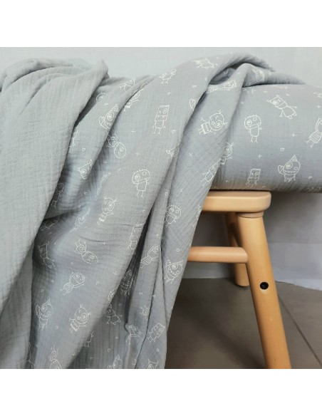 Double gaze de coton Cranberry, petits monstres, gris clair