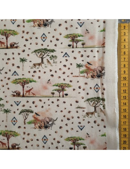 Popeline de coton biologique GOTS, Cranberry, Savane et animaux, fond écru