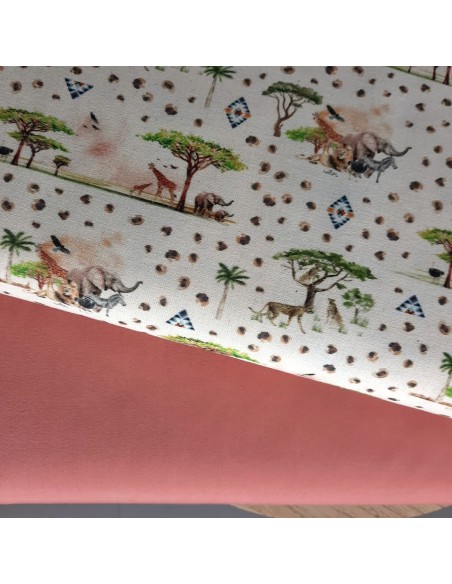 Popeline de coton biologique GOTS, Cranberry, Savane et animaux, fond écru