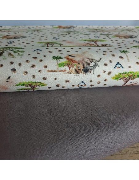 Popeline de coton biologique GOTS, Cranberry, Savane et animaux, fond écru