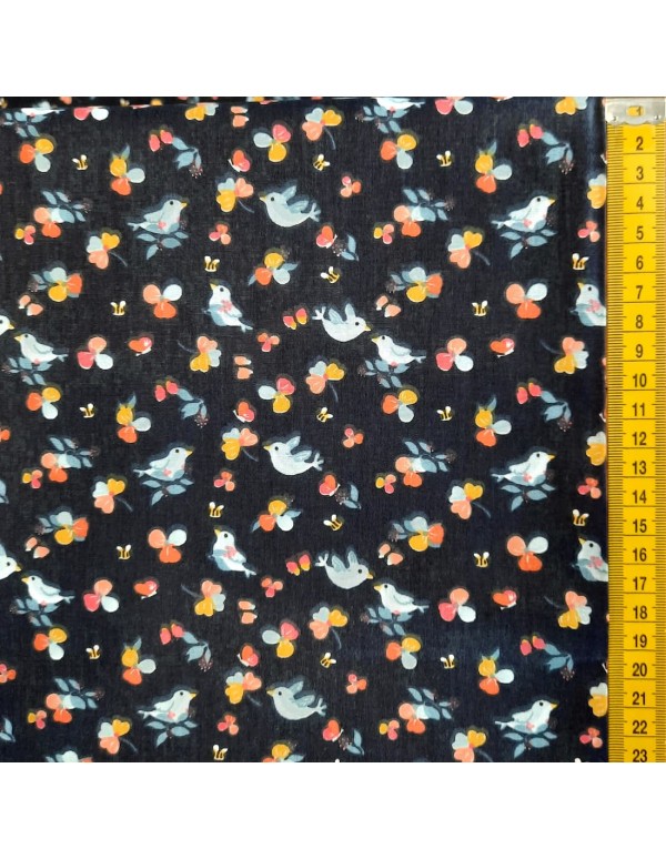 Popeline de coton, Cranberry, Oiseaux, Fond bleu marine