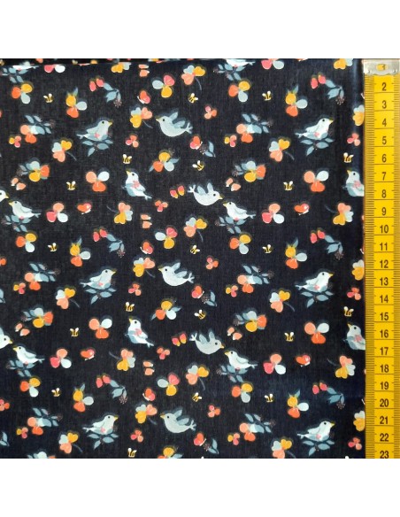 Popeline de coton, Cranberry, Oiseaux, Fond bleu marine