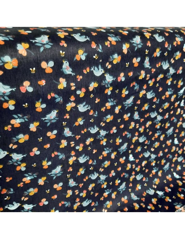 Popeline de coton, Cranberry, Oiseaux, Fond bleu marine