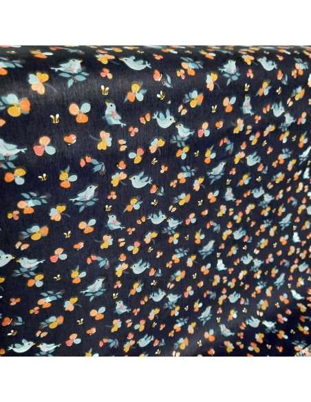 Popeline de coton, Cranberry, Oiseaux, Fond bleu marine