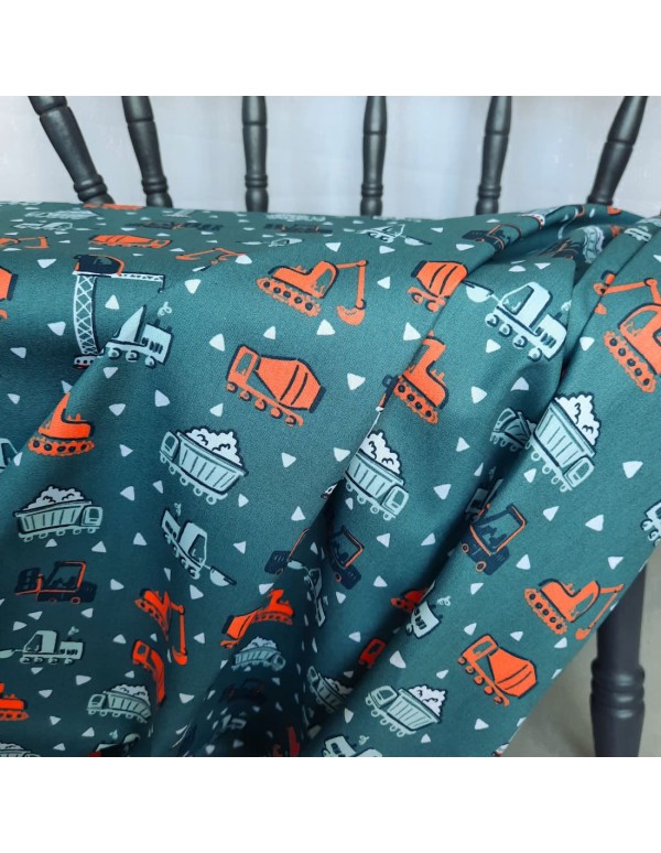 Popeline de coton biologique, Cranberry, Engins de chantier, Fond Bleu vert