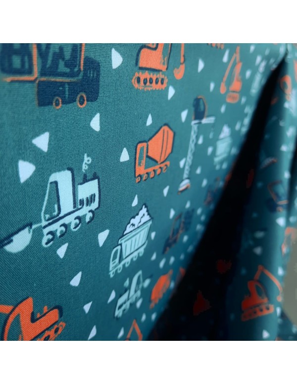 Popeline de coton biologique, Cranberry, Engins de chantier, Fond Bleu vert