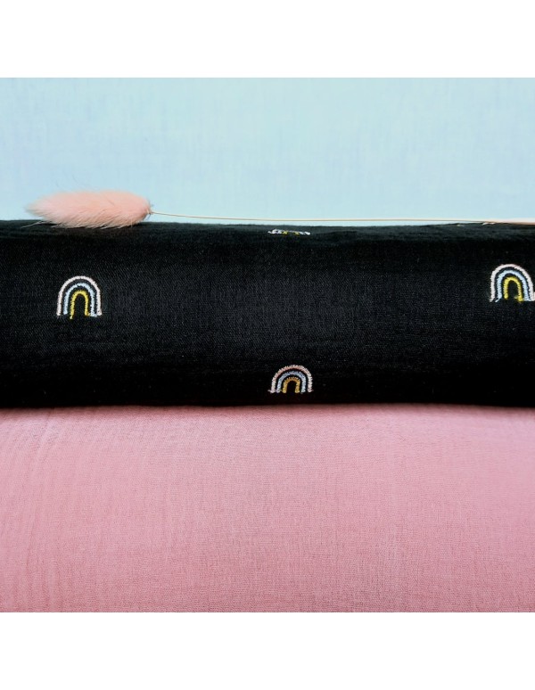 Double gaze de coton Cranberry, arc-en-ciel brodés, noir