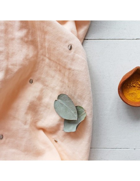 Cranberry, Double gaze de coton Atelier Brunette, pois brodés dorés, Stardust Powder