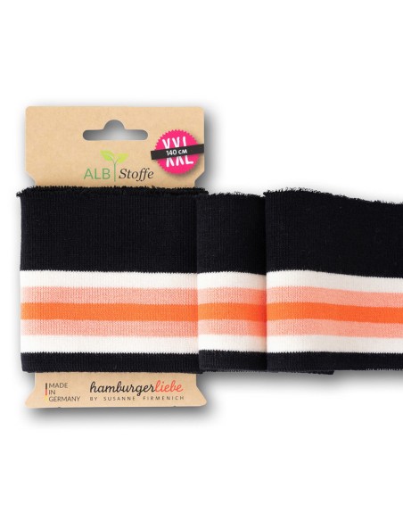 Cranberry, Bord cote bio manchette Cuffs, Noir a rayures blanc creme orange, ALB Stoffe, Hamburger Liebe