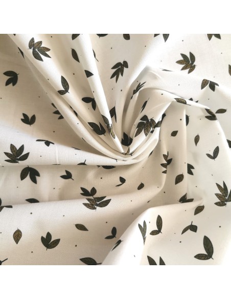 Cranberry, Popeline de coton biologique, Feuilles vertes, Fond blanc, Atelier Rubael