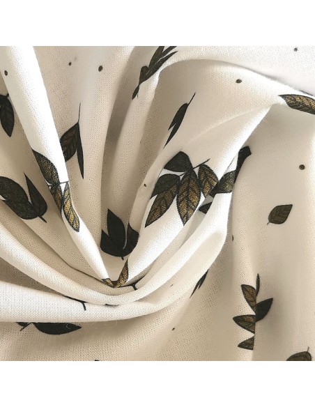 Cranberry, Popeline de coton biologique, Feuilles vertes, Fond blanc, Atelier Rubael